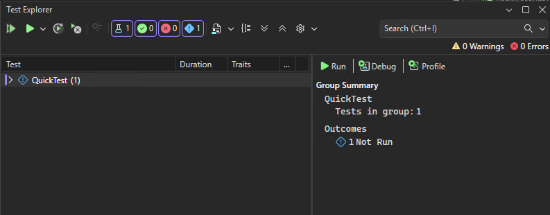Schermopname van Test Explorer voordat u tests uitvoert in Visual Studio.