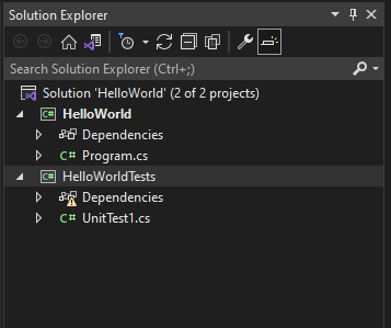 Eenheidtestproject in Solution Explorer