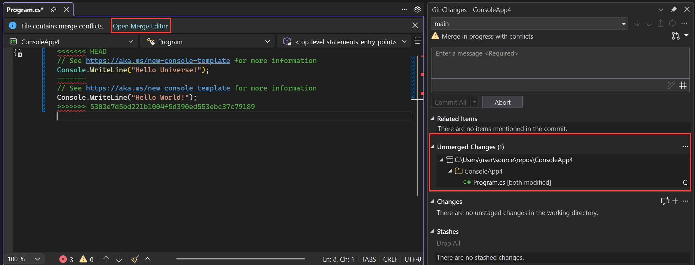 Schermopname van de status van samenvoegingsconflicten in het venster Git-wijzigingen.