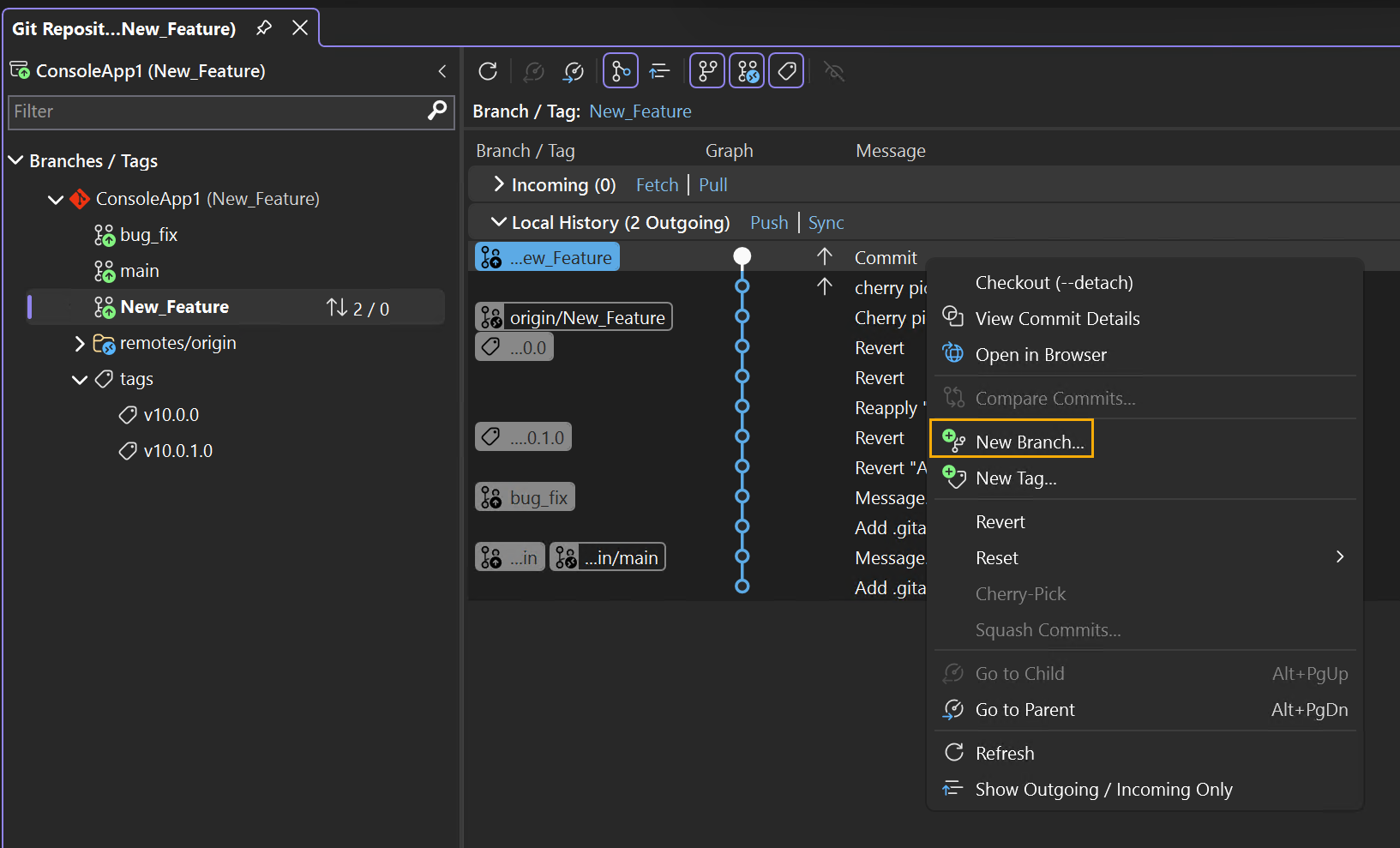 Schermopname van het deelvenster Git Graph van het venster Git-opslagplaats.