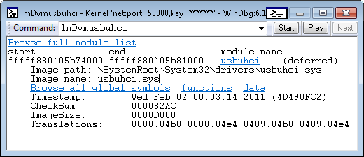 Schermopname van de details van de usbuhci-module in het foutopsporingsprogramma.