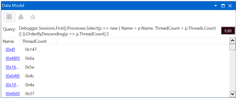 Schermopname van het venster Gegevensmodel met de belangrijkste threads in de rasterweergave in WinDbg.