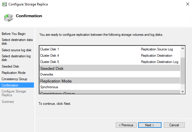 Een schermopname met de bevestigingspagina van de Configure Storage Replica wizard.