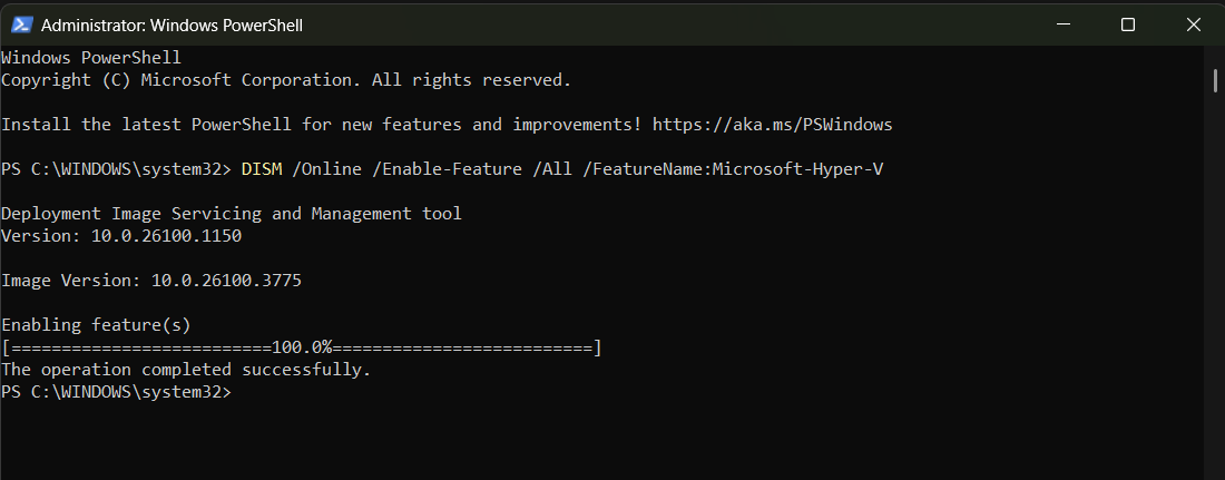 Consolevenster met Hyper-V ingeschakeld.