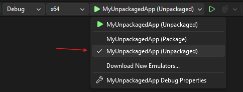 Visual Studio - Uitklaplijst openen met niet-verpakt startprofiel voor C#-toepassing gemarkeerd