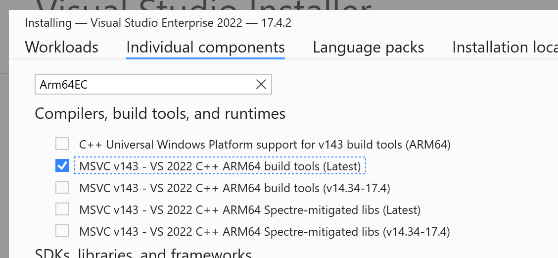 Schermafbeelding van het selectievakje van de Visual Studio Installer Arm64EC