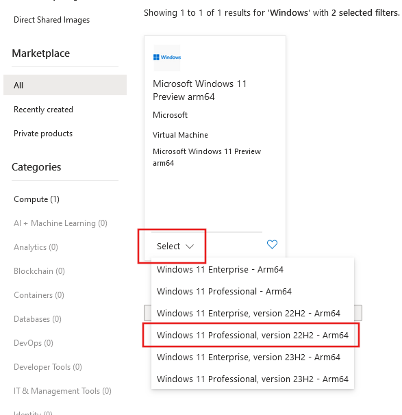 Schermopname van het selecteren van een bepaalde VM-installatiekopieën