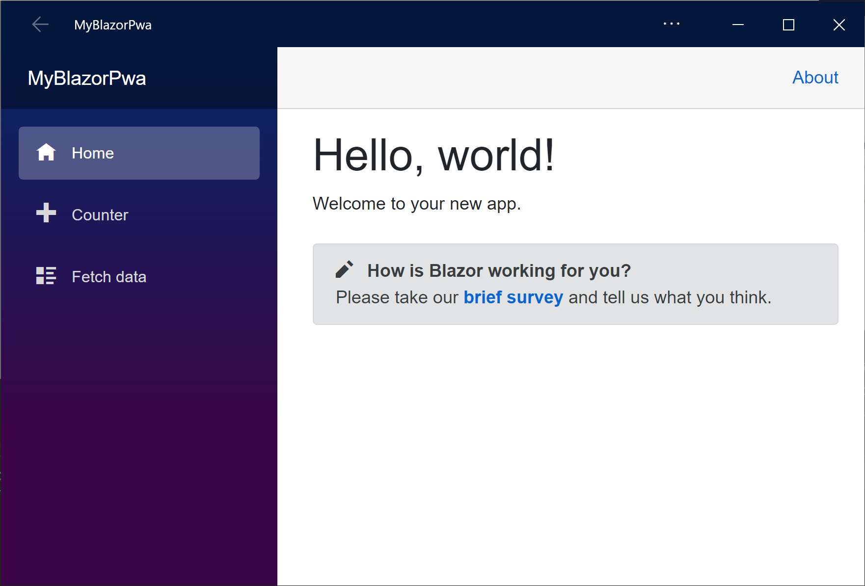 De app 'MyBlazorPwa' wordt uitgevoerd in Google Chrome zonder adresbalk.