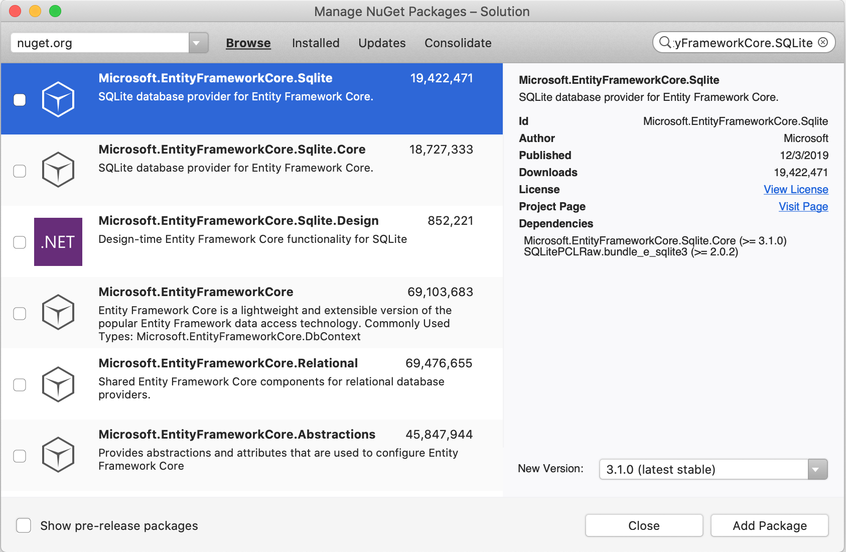 Toevoegen van Entity Framework Core NuGet-pakket