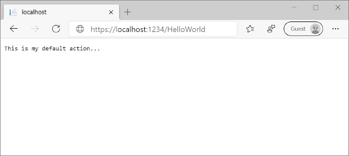 Het browservenster toont een reactie van de app: Dit is mijn standaardactie.