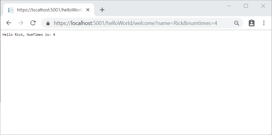 Browservenster dat een toepassingsantwoord toont van: Hallo Rick, NumTimes is: 4