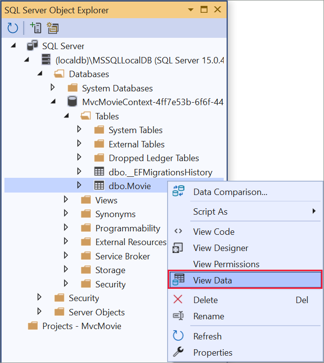 klik met de rechtermuisknop op de tabel Film > Gegevens weergeven.