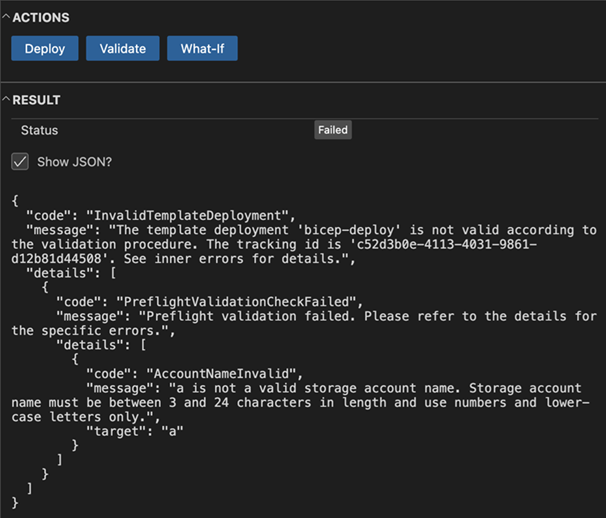 Schermopname van validatiefout in het implementatievenster in Visual Studio Code.