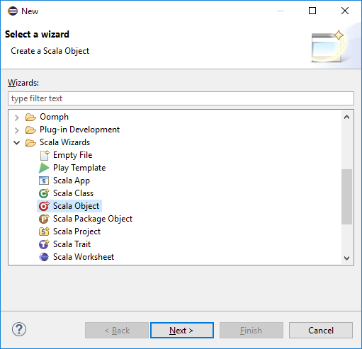 Selecteer een wizard Een Scala-object maken.