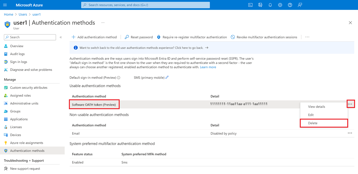 Schermopname van de pagina Verificatiemethoden in Azure Portal met de menuopdracht Verificatiemethoden, de verificatiemethode Software OATH-token en de knop Verwijderen gemarkeerd