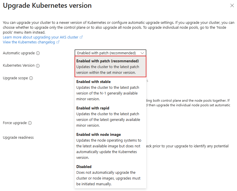Schermopname van het scherm Upgradeversie met de optie Automatische upgrade ingesteld op Ingeschakeld met patch (aanbevolen).