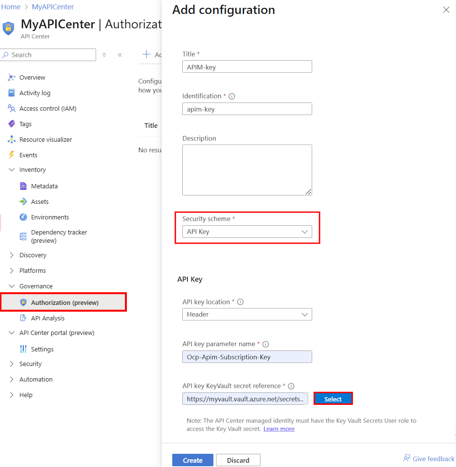 Screenshot van het configureren van een API-sleutel in het portaal.