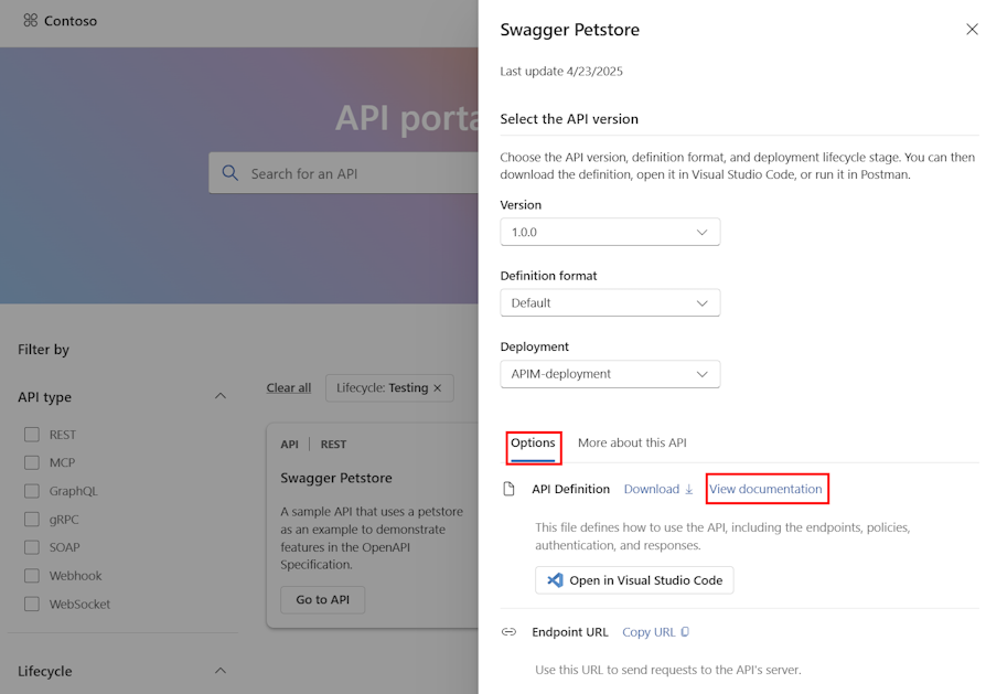 Schermopname van API-details in de API Center-portal.