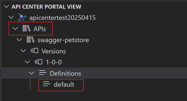 Schermopname van de API Center API-definities in de API Center-extensie.