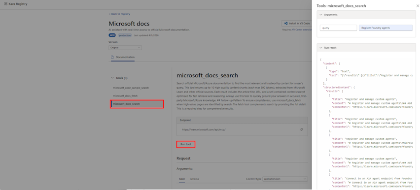Schermopname van MCP Inspector in de API Center-portal.