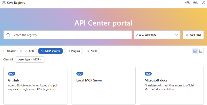 Schermopname van MCP-servers in de API Center-portal.