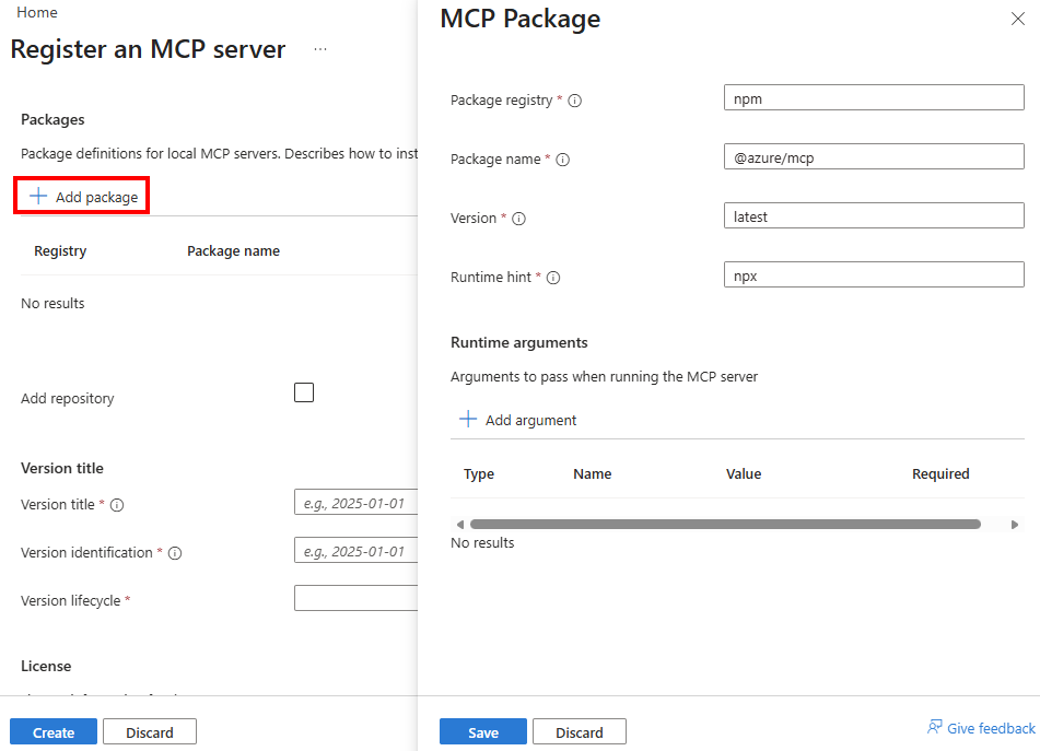 Schermopname van de registratie van een MCP-serverpakket in de portal.