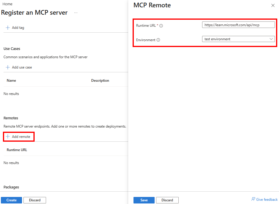 Schermopname van de registratie van een externe MCP-server in de portal.