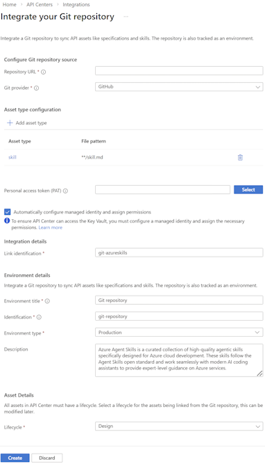 Schermopname van het integreren van een Git-opslagplaats in een API-centrum in de portal.