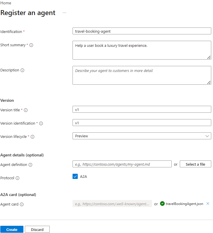 Schermopname van het deelvenster Een agent registreren in de Azure portal.