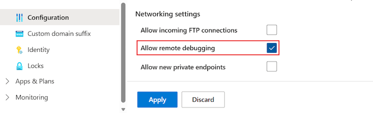 Schermopname van het inschakelen van externe foutopsporing voor een App Service Environment in Azure Portal.