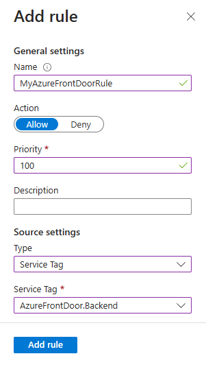 Schermopname van het deelvenster Toegangsbeperkingen in Azure Portal, waarin wordt getoond hoe u een Beperking voor Azure Front Door toevoegt.