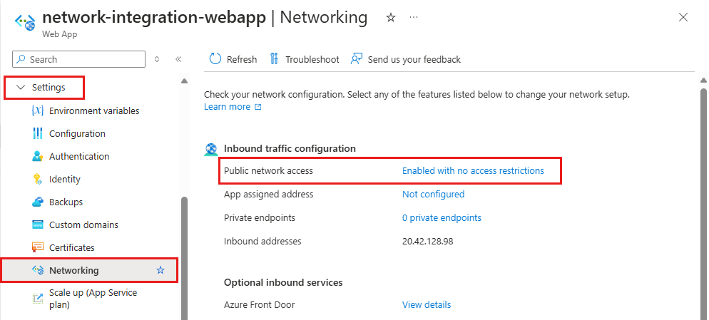 Schermopname van het deelvenster Netwerkopties voor App Service in Azure Portal.