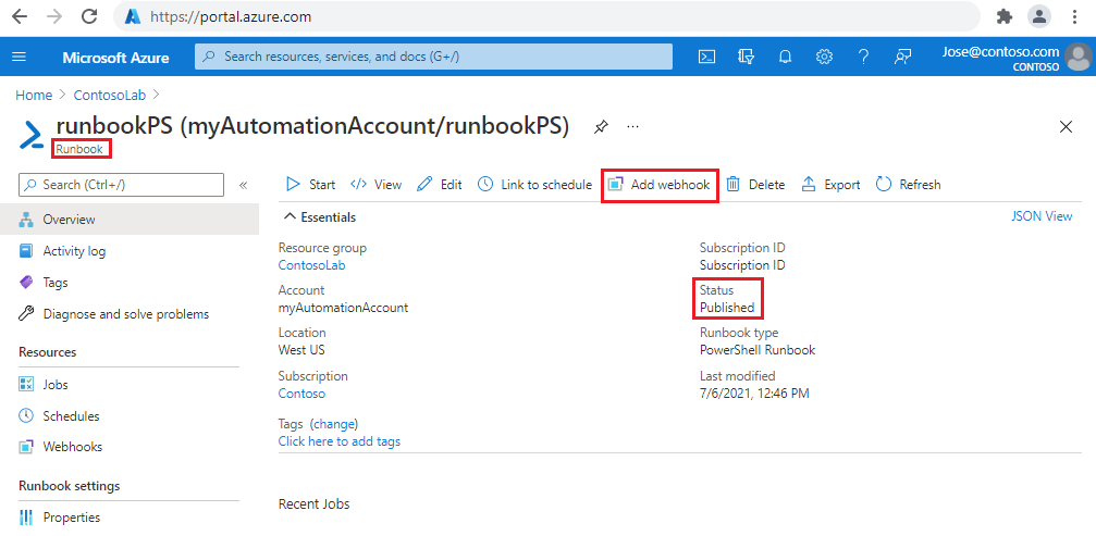 Overzichtspagina van het runbook met de optie Webhook toevoegen gemarkeerd.