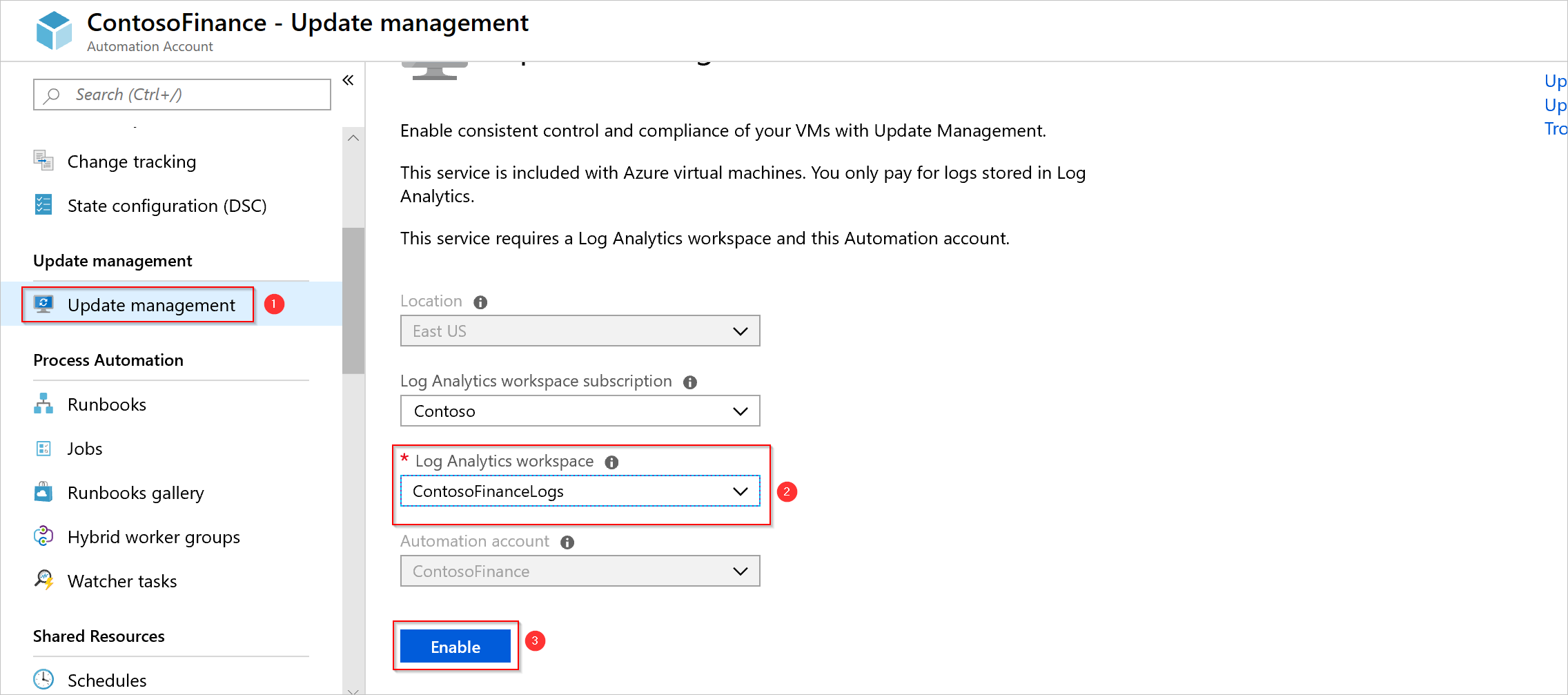 Schermopname van het opnieuw inschakelen van functies in uw verplaatste Automation-account