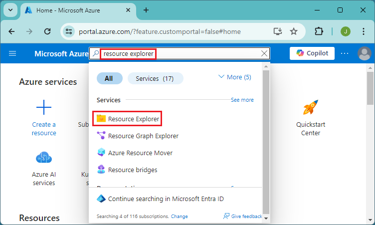 Schermopname van het selecteren van alle services in Azure Portal voor toegang tot Azure Resource Explorer.