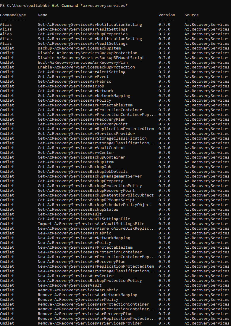 Lijst met Recovery Services-cmdlet-opdrachten