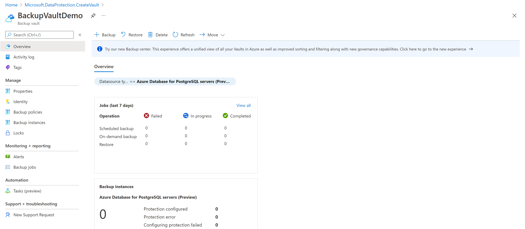 Schermopname van het dashboard van de kluis die naar een andere resource-groep moet worden verplaatst.