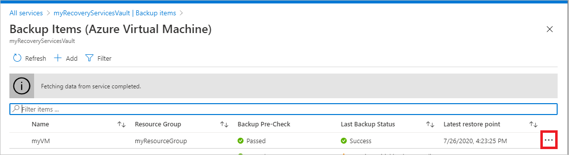 Schermopname van het openen van het contextmenu in het menu Backup-items.
