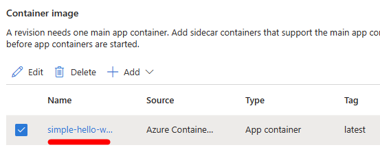 Schermopname van de pagina met containerafbeeldingsinstellingen voor Container App Revisie.