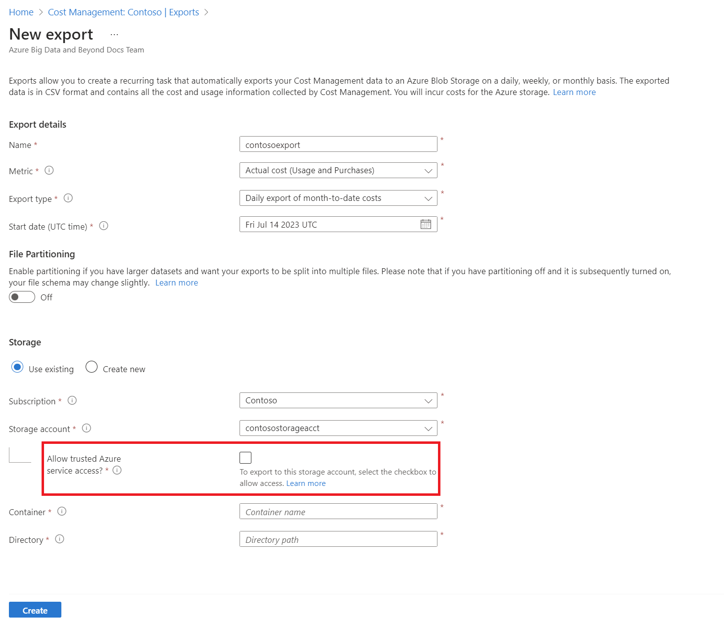 Schermopname van de optie Toegang tot vertrouwde Azure-services toestaan.