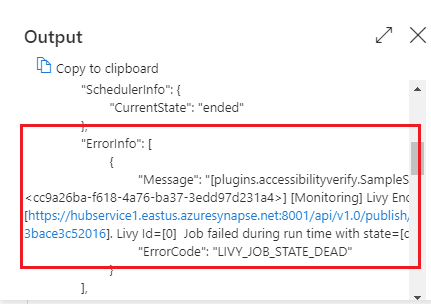 Schermopname van de fout van de uitvoergebruiker voor een Notebook-activiteit.
