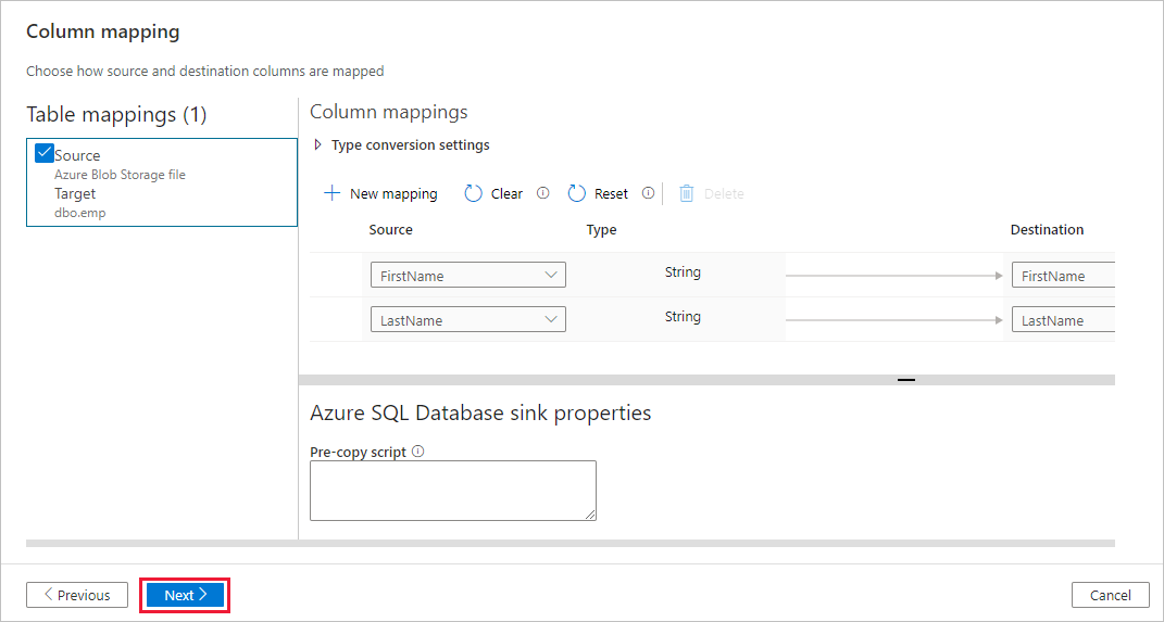 Schermopname van de pagina voor kolomtoewijzing.