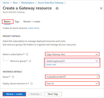 Schermopname van de details van een project en een instantie voor een Data Box Gateway-order.