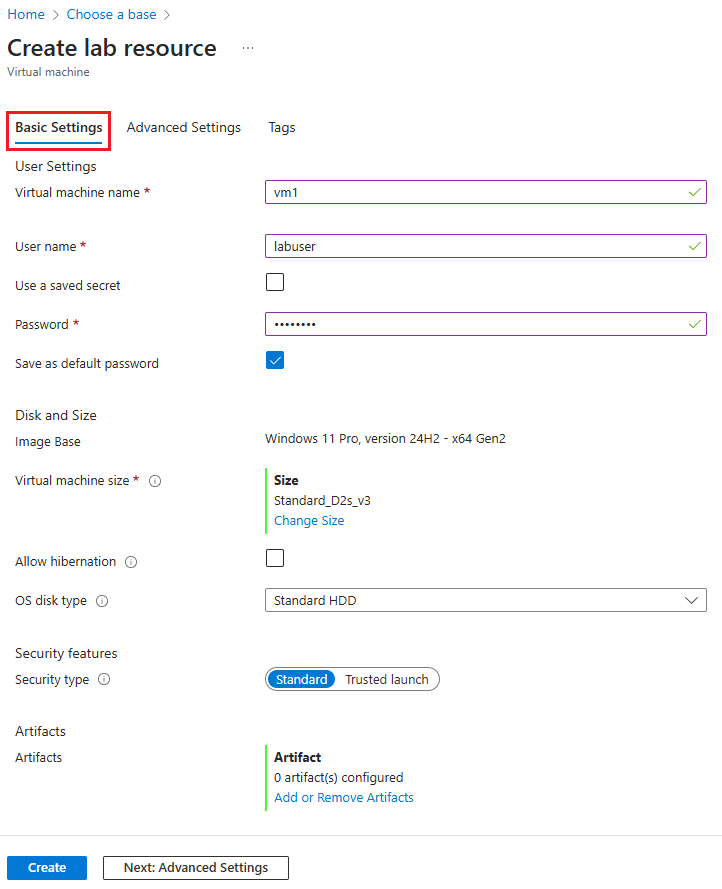 Schermopname van de pagina Basisinstellingen voor VM.