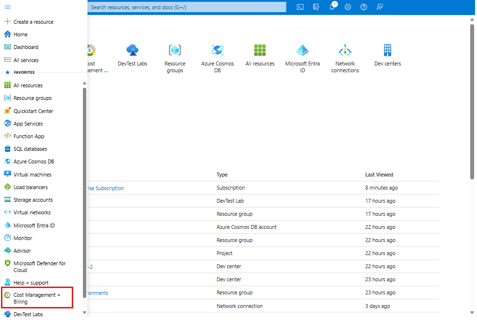 Schermopname van de startpagina van Azure Portal met het menu van Azure Portal aan de linkerkant geopend, met kostenbeheer en facturering gemarkeerd.