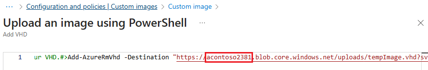 Schermopname van een voorbeeld van de naam van een opslagaccount in het vak VHD toevoegen.