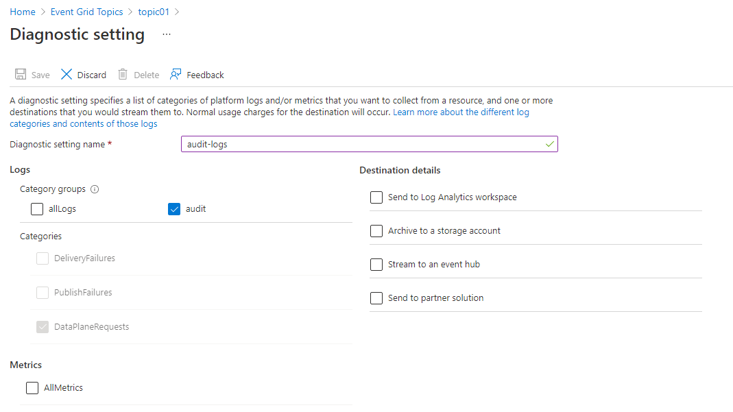 Screenshot die de pagina Diagnostische instellingen toont met Audit geselecteerd.