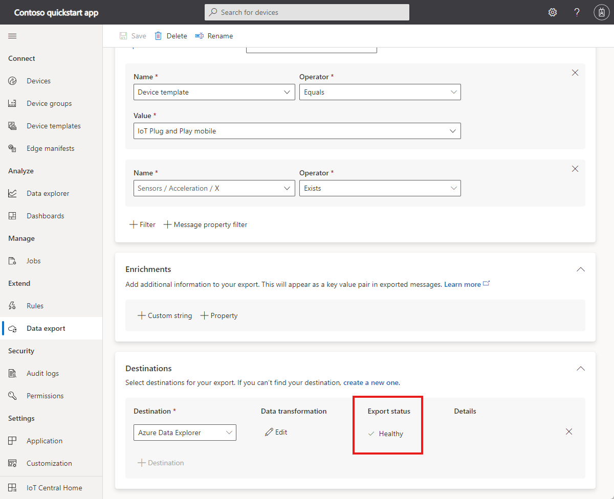 Screenshot that shows a running data export with the healthy status.