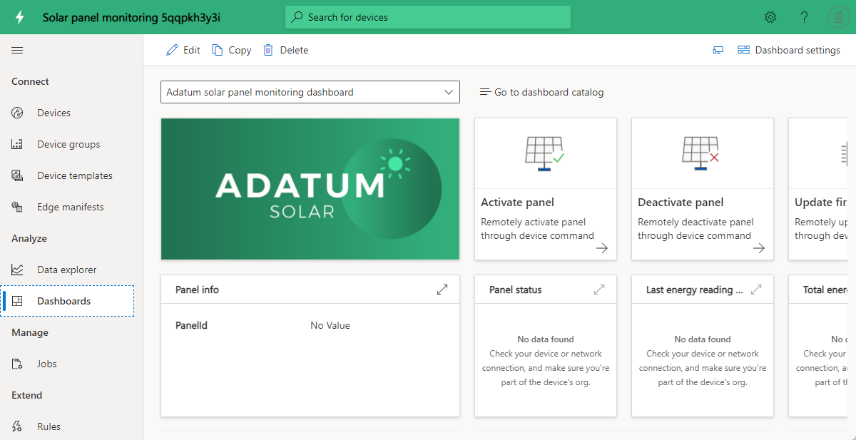 Schermopname van het Dashboard Bewakingssjabloon voor Zonnepanelen.