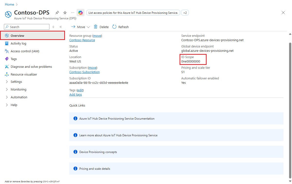 Schermopname van de ID Scope-waarde op de overzichtspagina van de Device Provisioning Service in de portal.